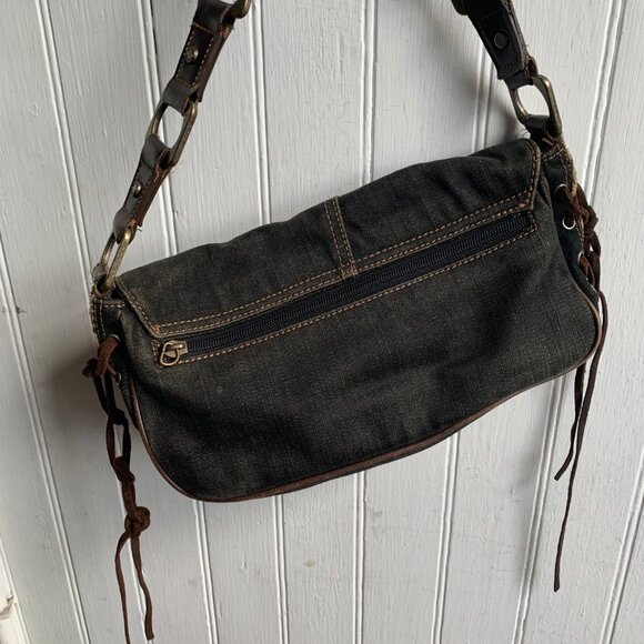 Vintage Y2K Guess Denim Shoulder Bag Spell Out Logo Rhinestones FLAW READ Brass - Picture 8 of 14